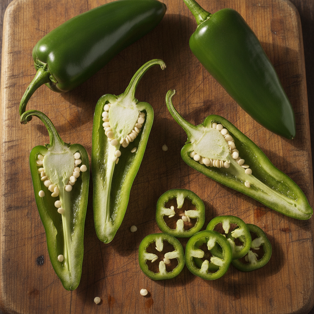 fresh jalapeño and serrano peppers on cutting board
