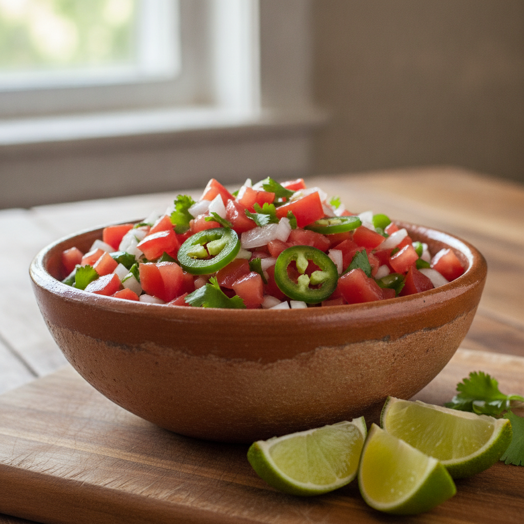 fresh pico de gallo in ceramic bowl with lime fresh pico de gallo in ceramic bowl with lime