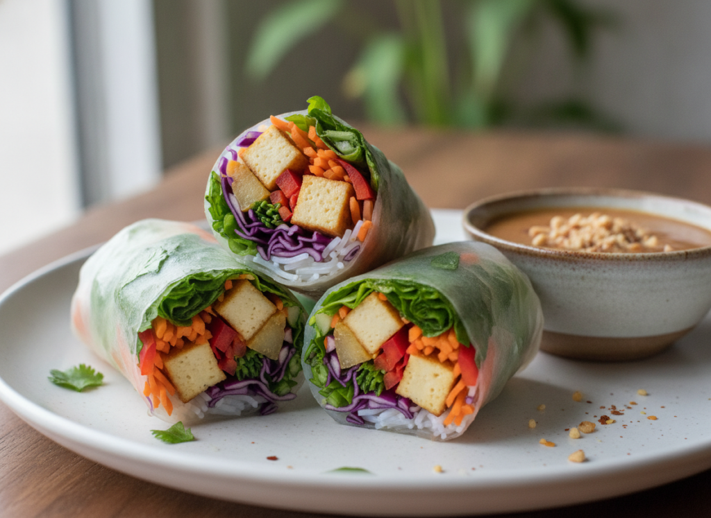 fresh spring rolls cut in half showing colorful vegetable filling fresh spring rolls cut in half showing colorful vegetable filling
