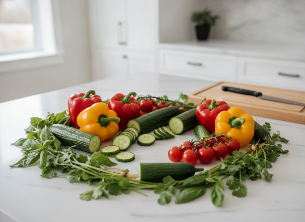 fresh vegetables and herbs arranged on marble countertop fresh vegetables and herbs arranged on marble countertop