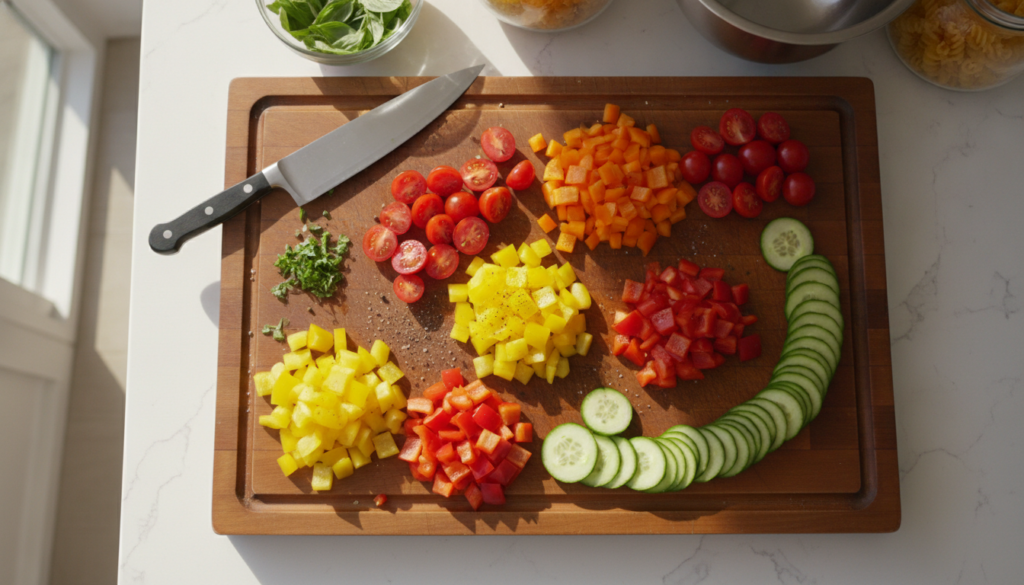 fresh vegetables being chopped for vegan pasta salad fresh vegetables being chopped for vegan pasta salad