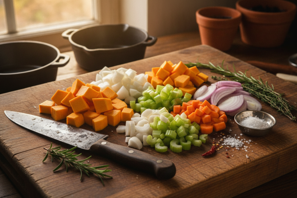 fresh vegetables for vegan soup including butternut squash sweet potato carrots