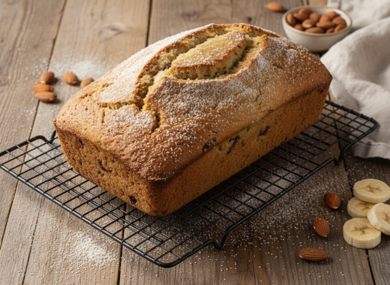 freshly baked keto banana bread loaf on cooling rack