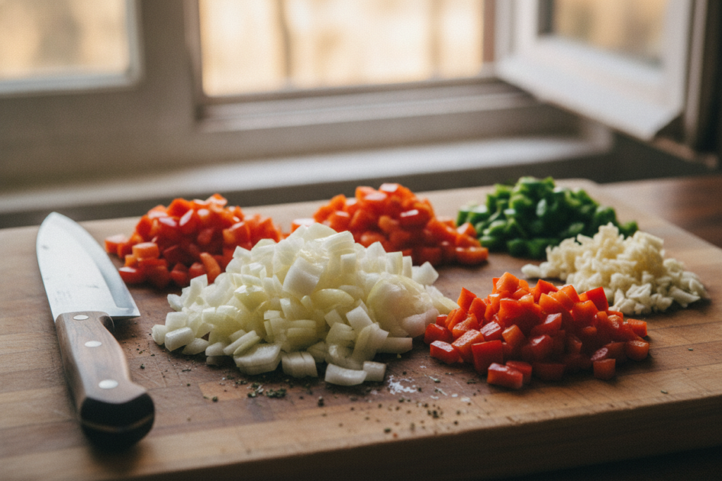 freshly diced onions, peppers, and minced garlic on cutting board