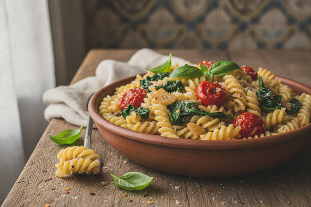 garlic pasta with sauteed vegetables and spinach garlic pasta with sauteed vegetables and spinach