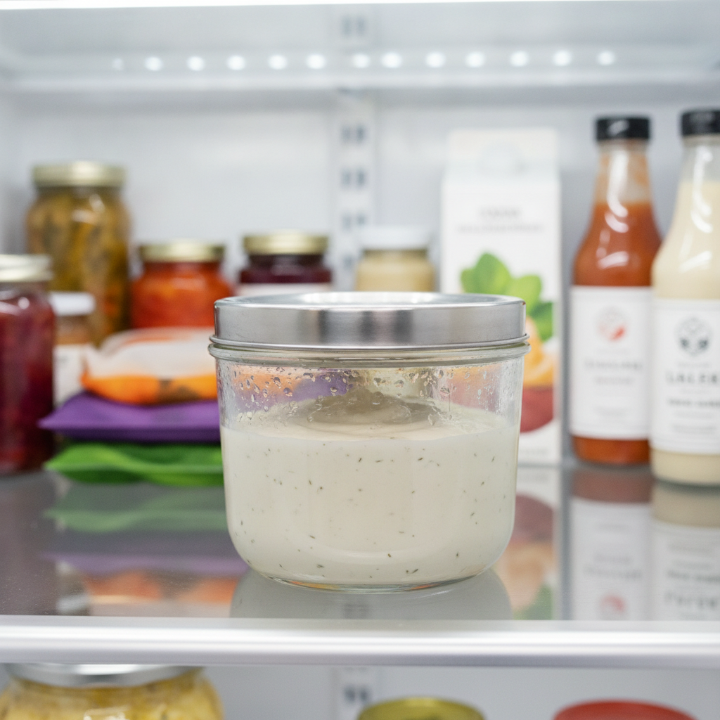 glass container filled with vegan alfredo sauce stored in refrigerator glass container filled with vegan alfredo sauce stored in refrigerator