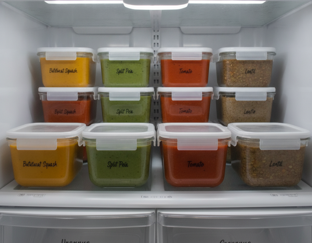 glass containers filled with different colored soups for meal prep