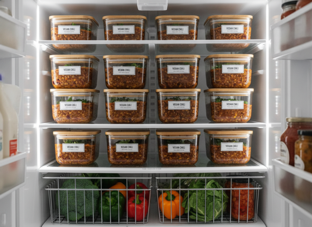 glass containers filled with vegan chili stacked in refrigerator