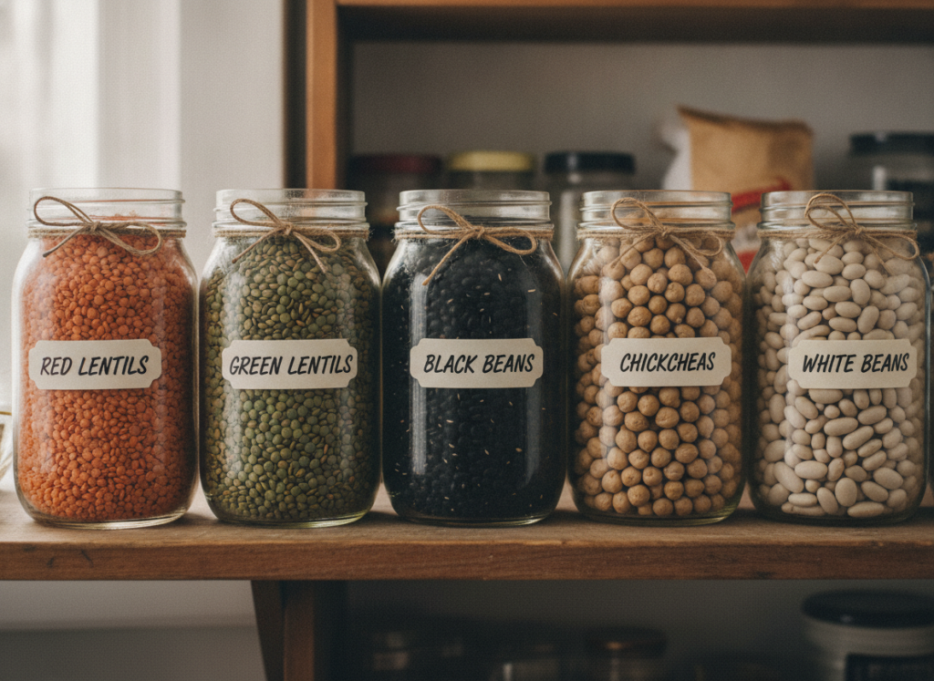 glass jars filled with various dried legumes for budget soup making