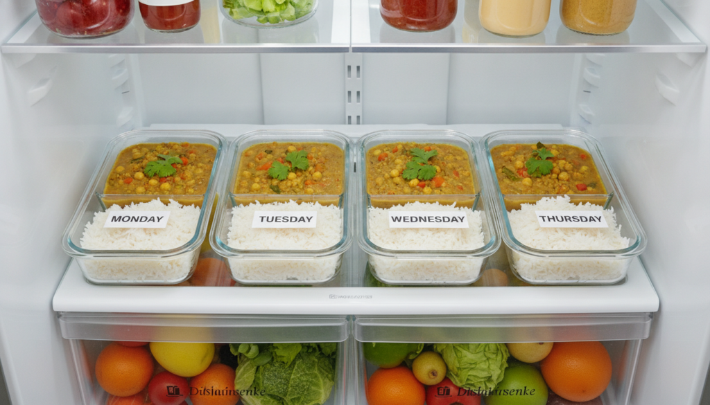 glass meal prep containers filled with vegan curry portions in a refrigerator glass meal prep containers filled with vegan curry portions in a refrigerator