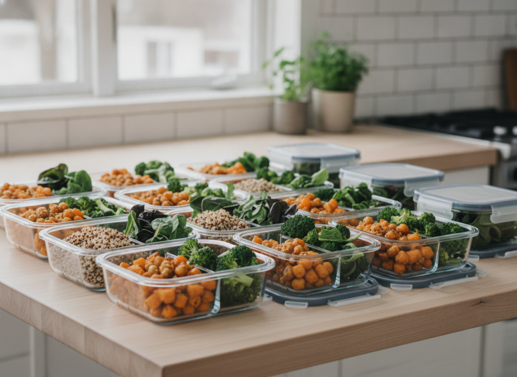 glass meal prep containers filled with vegan lunch components including cooked quinoa chickpeas roasted vegetables