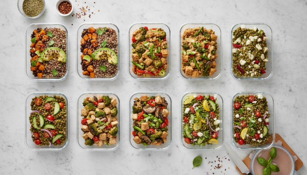 glass meal prep containers with vegan meals arranged in rows