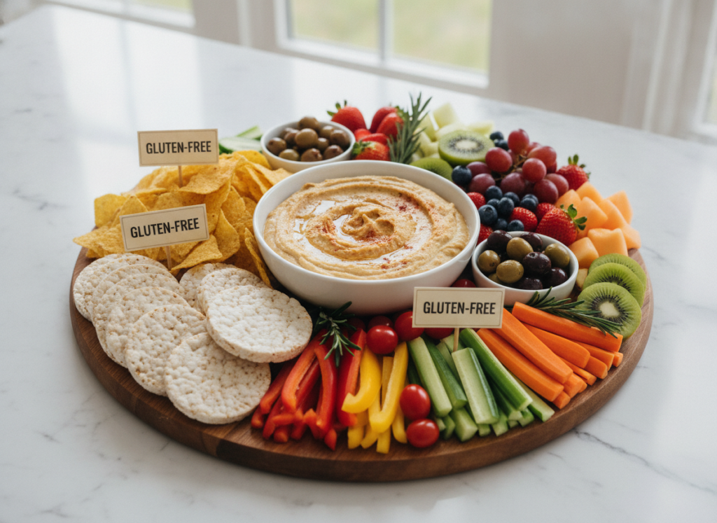 gluten-free appetizer options labeled on serving board gluten-free appetizer options labeled on serving board