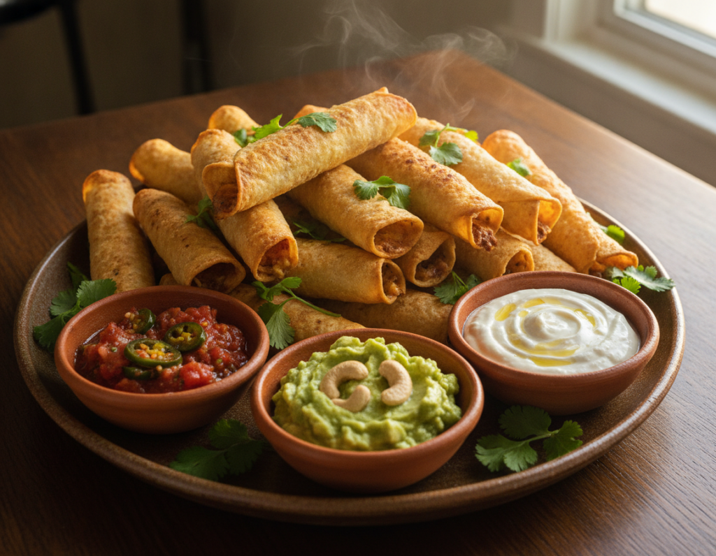 golden baked taquitos with three dipping sauces golden baked taquitos with three dipping sauces