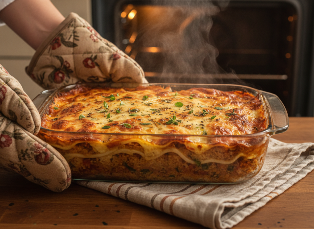 golden bubbling vegan lasagna fresh from oven golden bubbling vegan lasagna fresh from oven