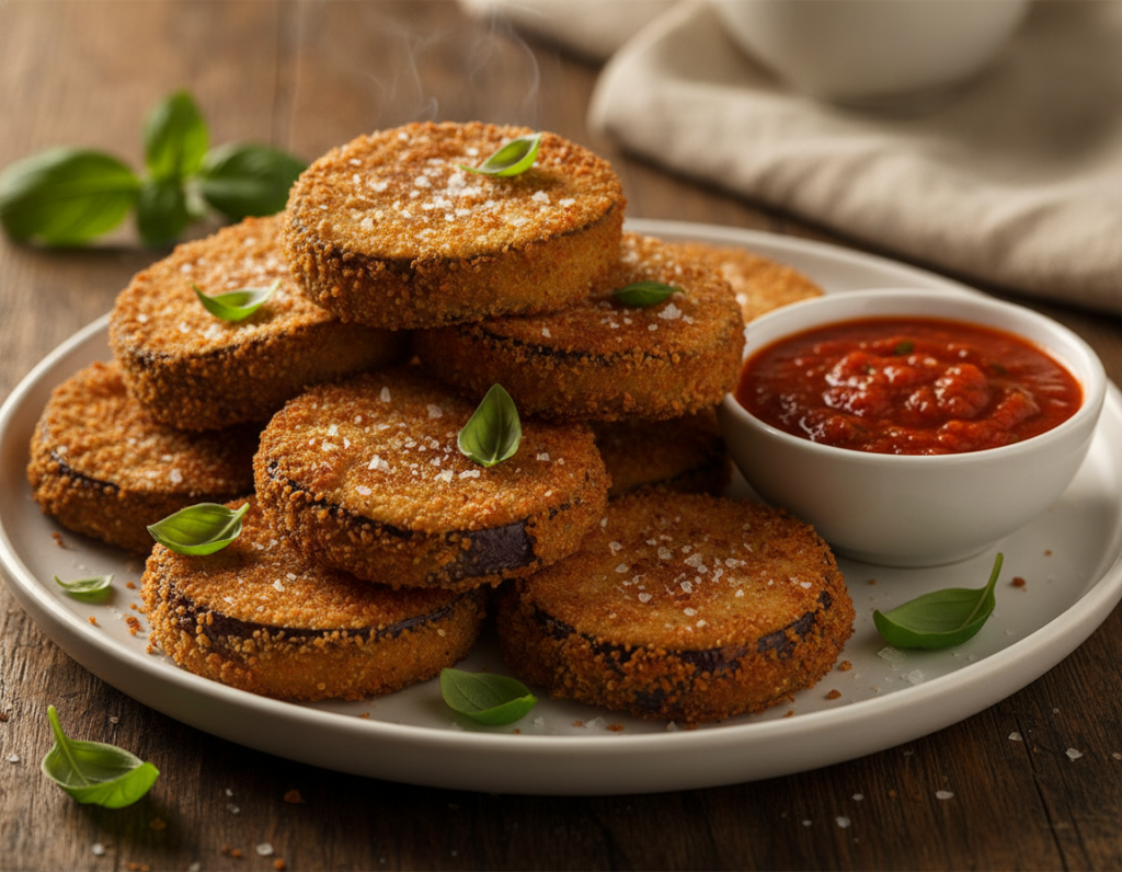 golden crispy eggplant rounds with dipping sauce golden crispy eggplant rounds with dipping sauce