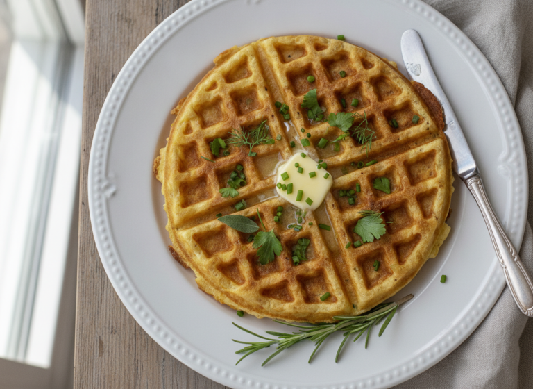 golden crispy keto chaffle on plate with butter