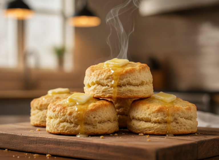 golden keto biscuits on a wooden board with butter