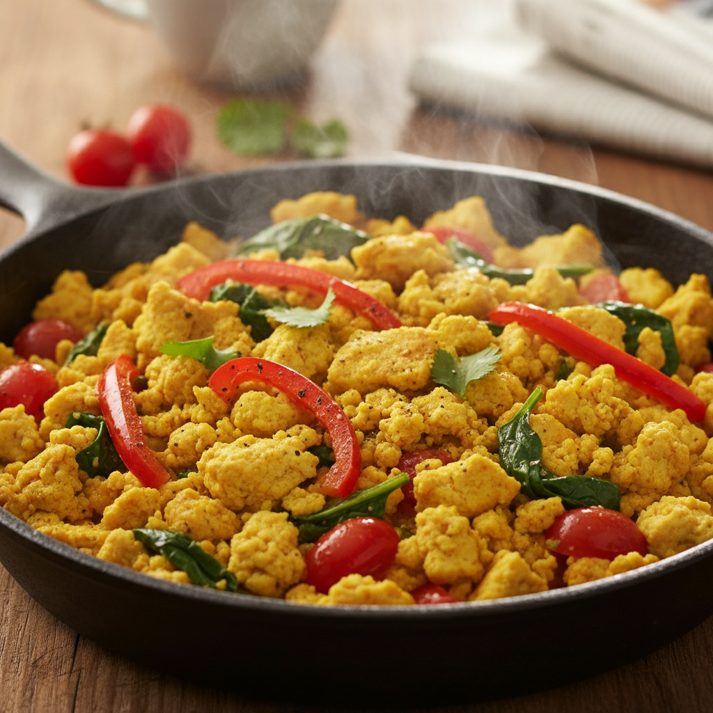 golden tofu scramble with vegetables golden tofu scramble with vegetables