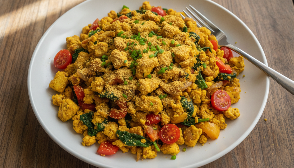 golden turmeric tofu scramble with vegetables on a white plate