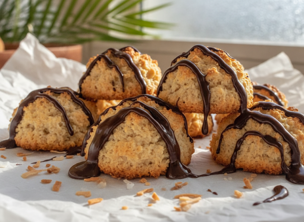 golden vegan coconut macaroons with chocolate drizzle arranged on parchment