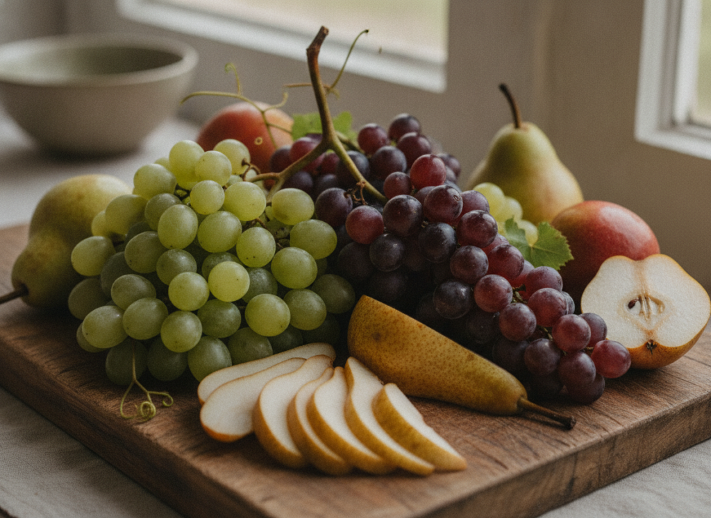 grapes and pears on wooden serving board grapes and pears on wooden serving board