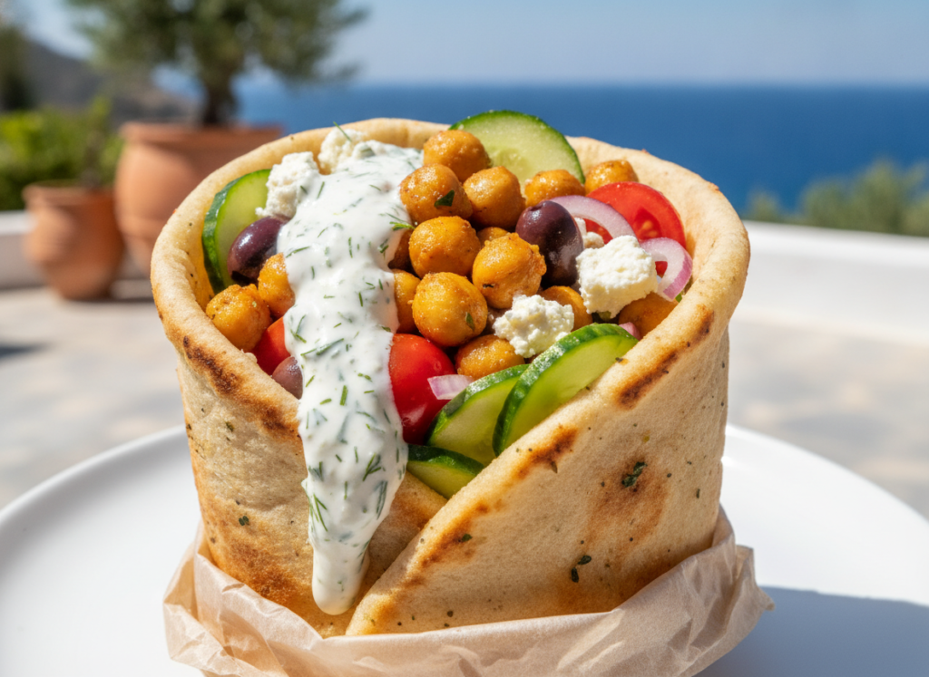 greek veggie wrap with olives feta and tzatziki