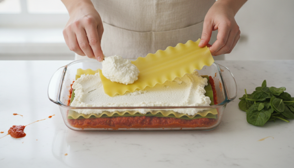hands assembling layers of vegan lasagna in baking dish hands assembling layers of vegan lasagna in baking dish