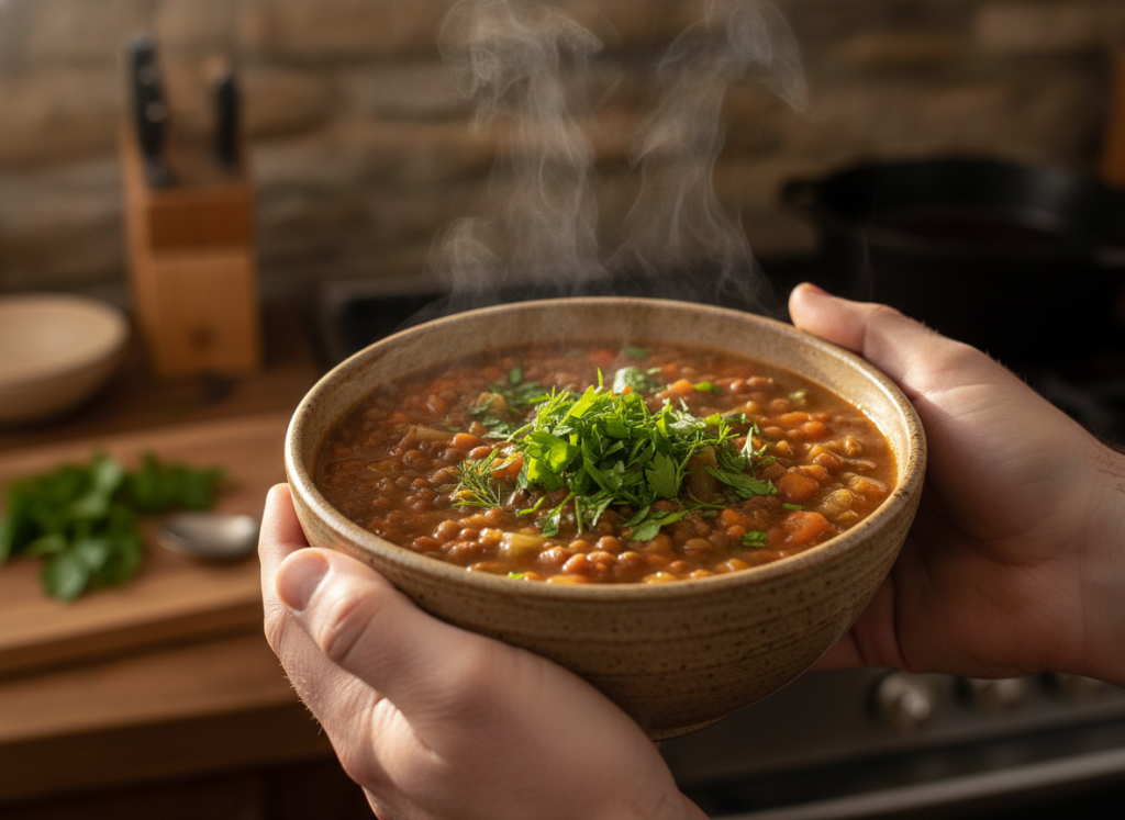 hands holding a warm bowl of vegan soup with steam rising