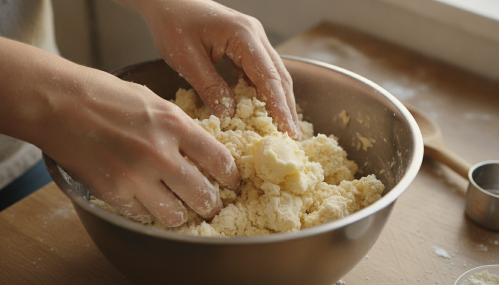 hands mixing keto biscuit dough in a bowl