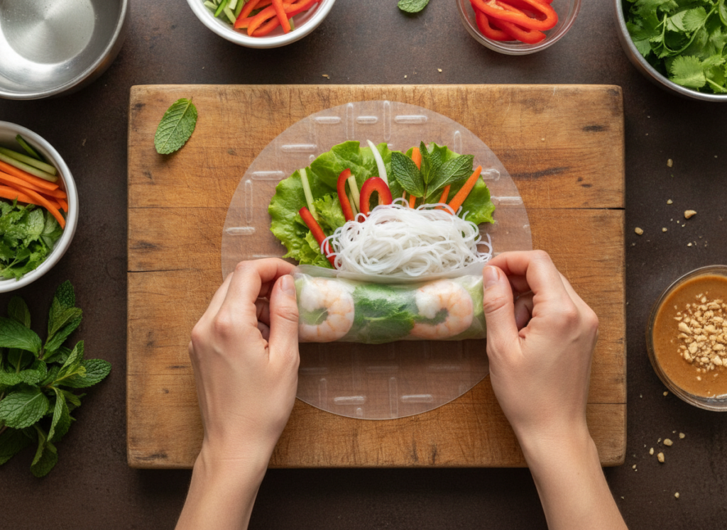 hands rolling fresh rice paper spring rolls hands rolling fresh rice paper spring rolls