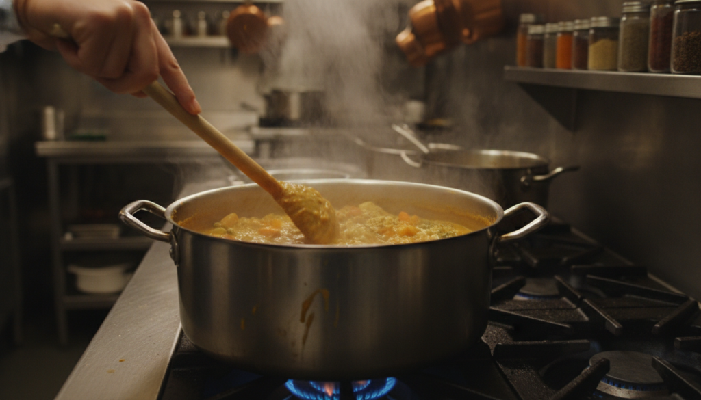 hands stirring vegan curry in a large pot on a stovetop with visible steam rising hands stirring vegan curry in a large pot on a stovetop with visible steam rising