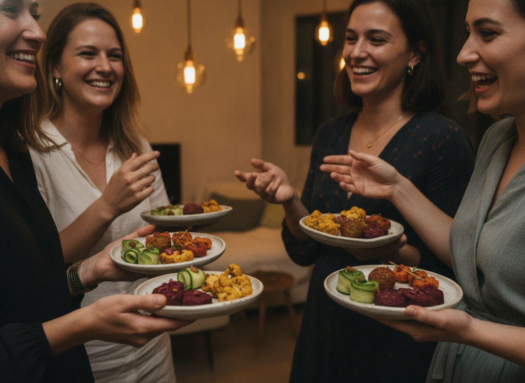 happy diverse group of people enjoying vegan appetizers at party happy diverse group of people enjoying vegan appetizers at party