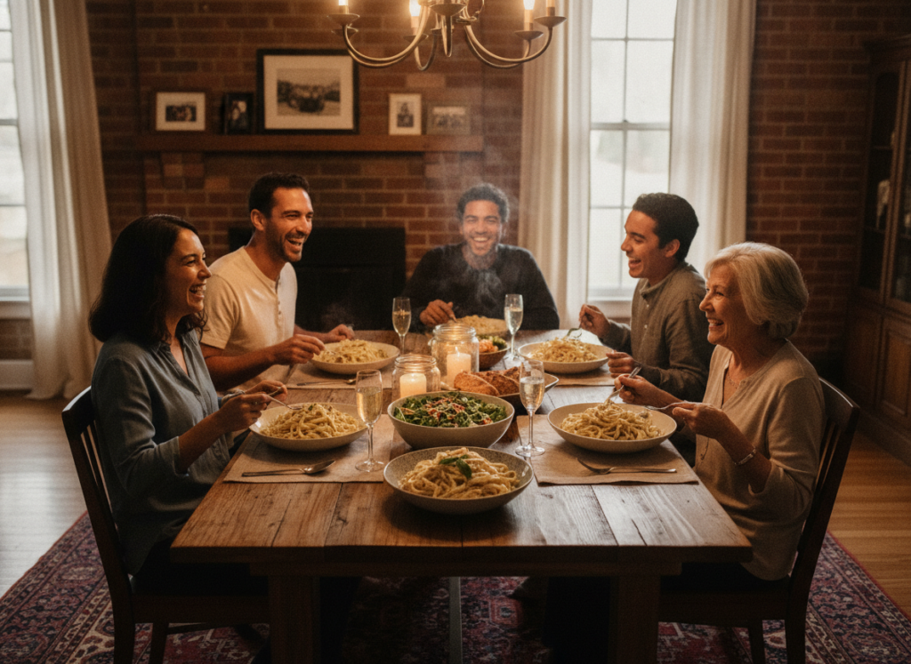 happy family enjoying pasta with vegan alfredo sauce at dinner table happy family enjoying pasta with vegan alfredo sauce at dinner table