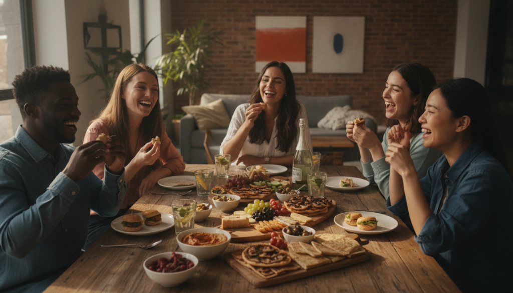 happy gathering with people enjoying vegan appetizers happy gathering with people enjoying vegan appetizers