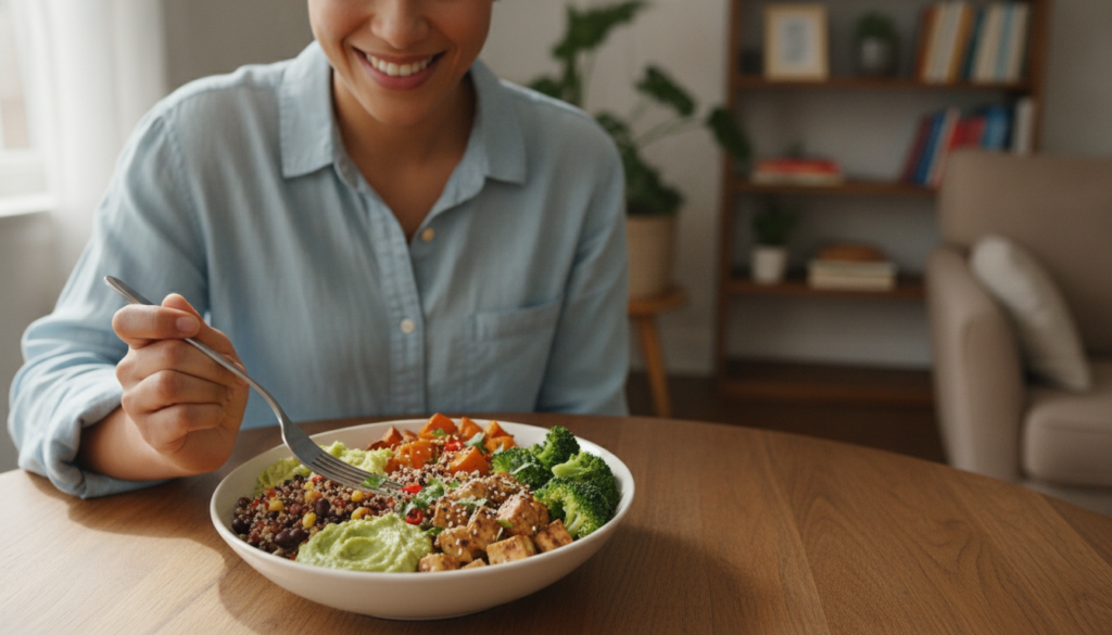 happy person enjoying a high protein vegan meal