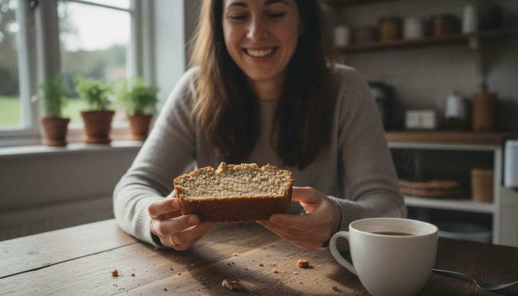 happy person enjoying slice of keto banana bread