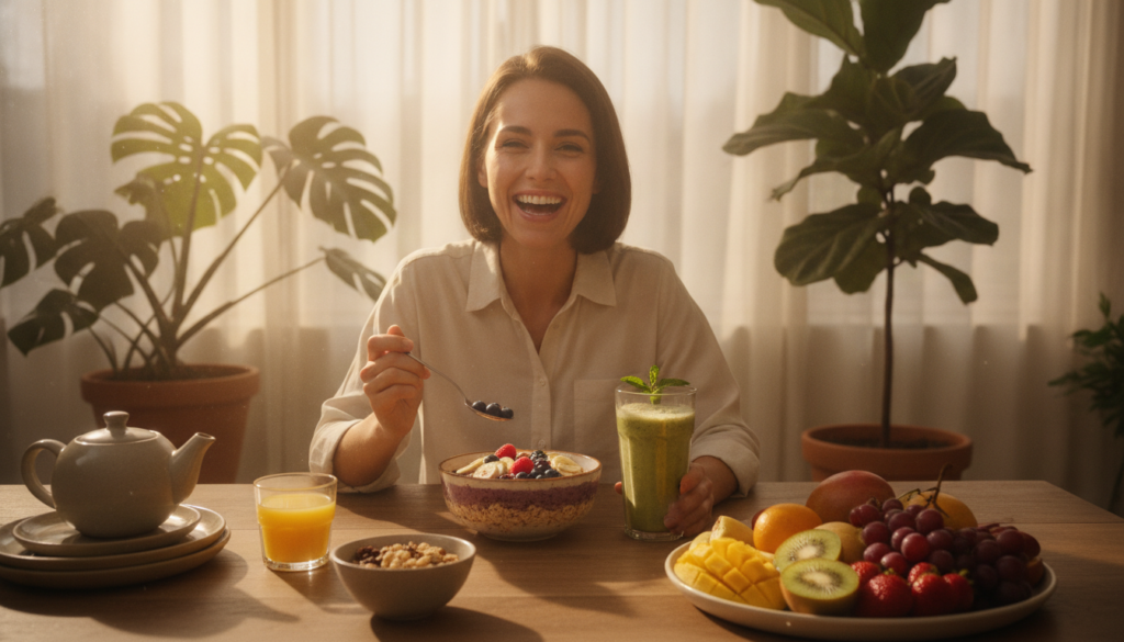 happy person enjoying vegan breakfast at sunny dining table
