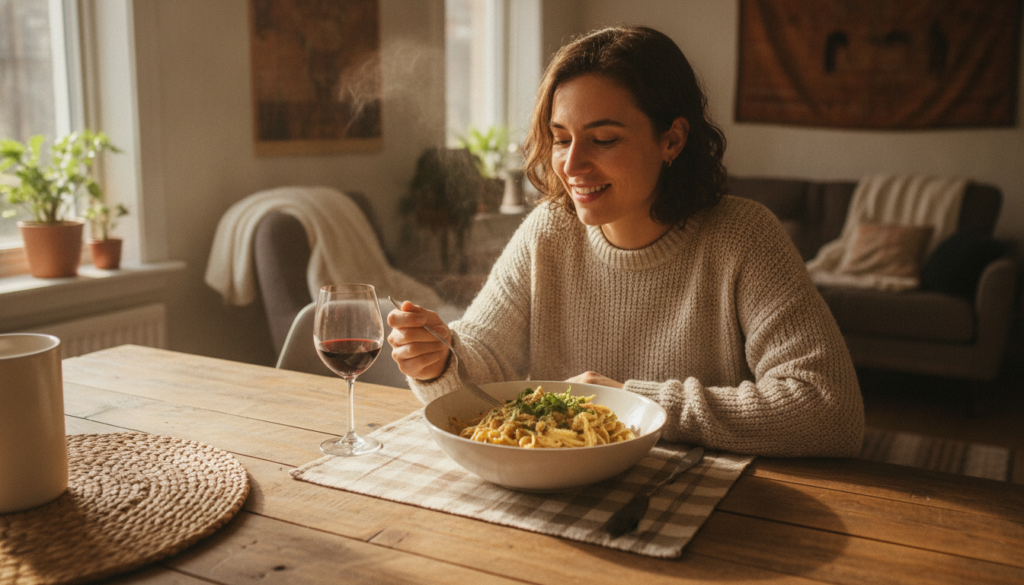 happy person enjoying vegan pasta dinner at home