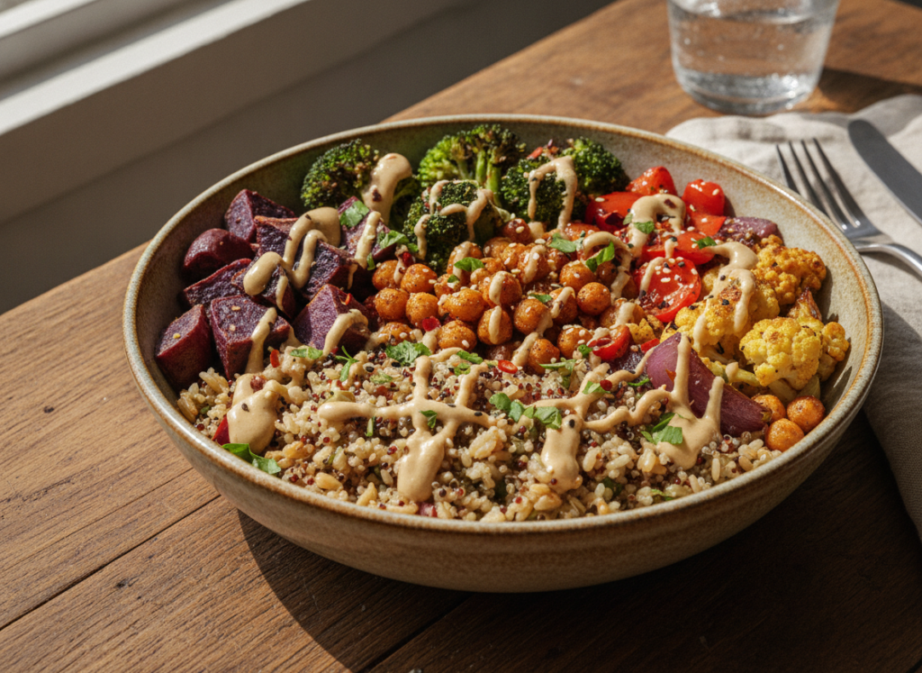 healthy grain bowl with mixed whole grains and roasted vegetables healthy grain bowl with mixed whole grains and roasted vegetables