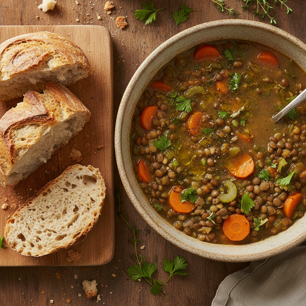 hearty lentil vegetable soup with crusty bread