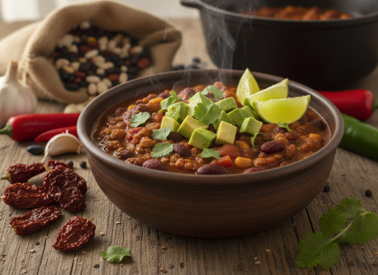 hearty vegan chili recipe in rustic bowl topped with fresh cilantro and avocado