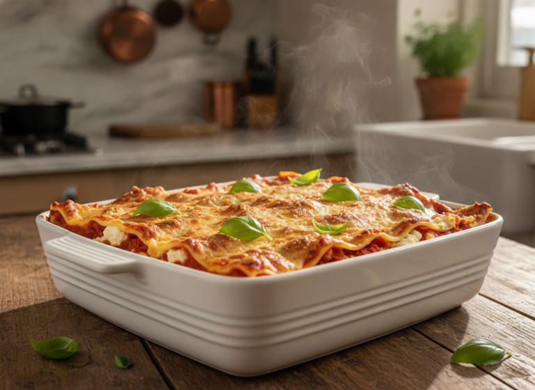 hearty vegan lasagna with golden cheese topping and fresh basil garnish
