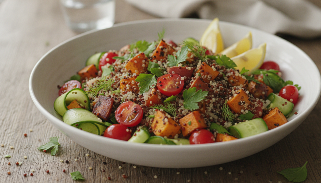 hearty vegan quinoa salad in large serving bowl hearty vegan quinoa salad in large serving bowl