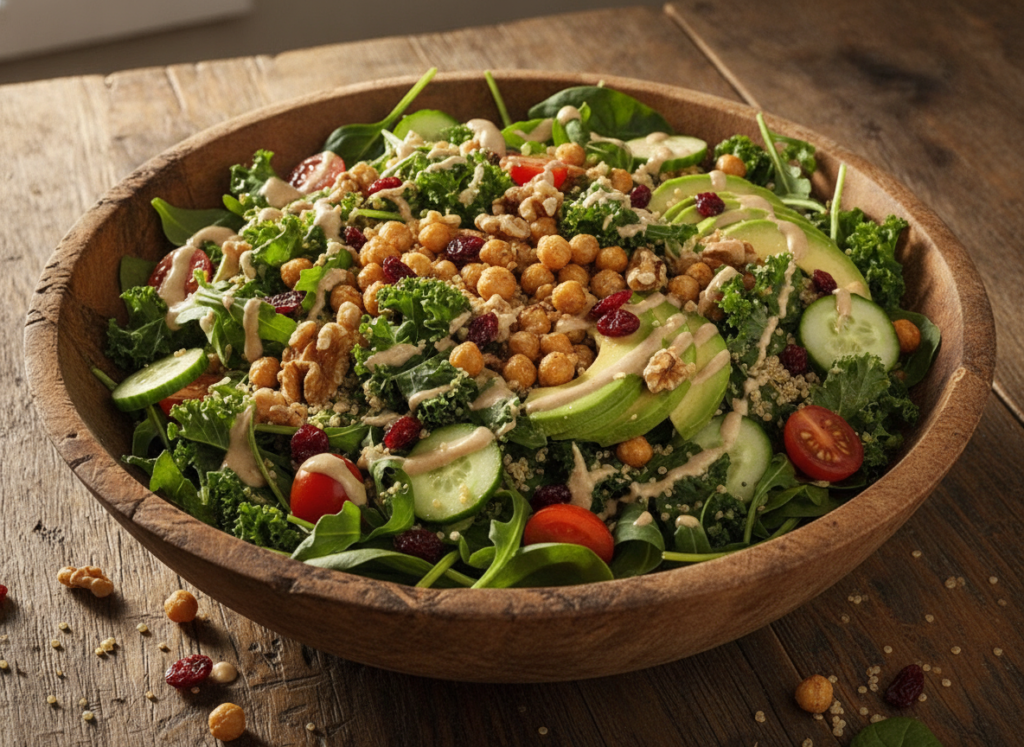 hearty vegan salad bowl with quinoa chickpeas nuts and creamy dressing