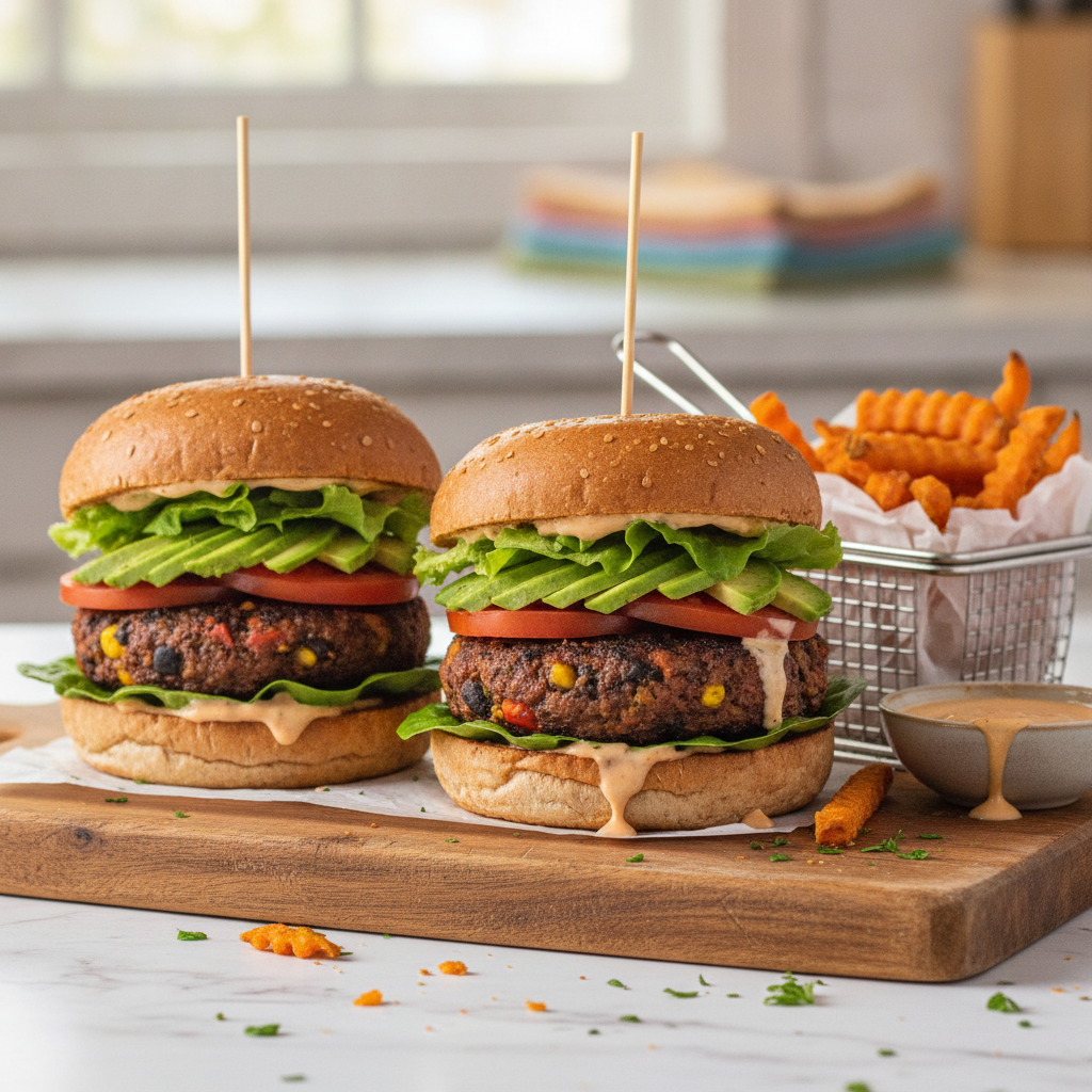 homemade black bean burgers on buns with toppings homemade black bean burgers on buns with toppings