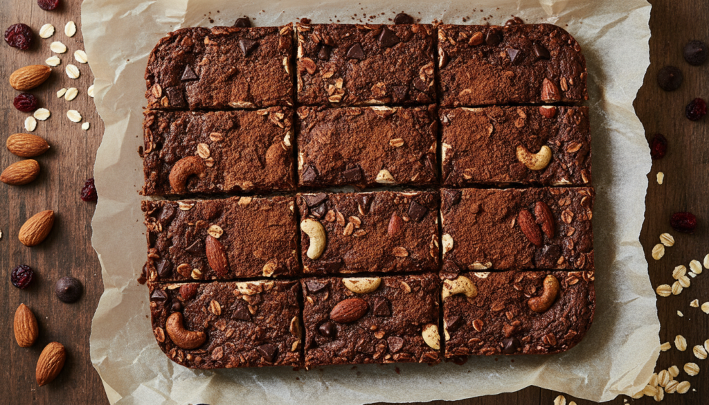 homemade protein bars cut into squares on parchment paper
