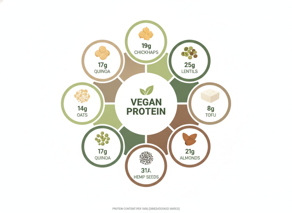 infographic showing plant-based protein sources including legumes, nuts, seeds, and whole grains