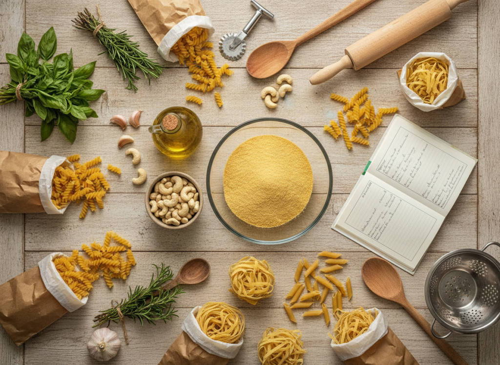 ingredients and tools for making vegan pasta