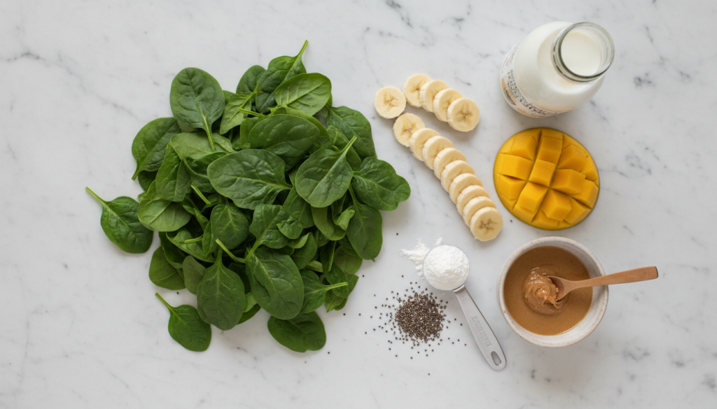 ingredients for green protein smoothie arranged on a counter